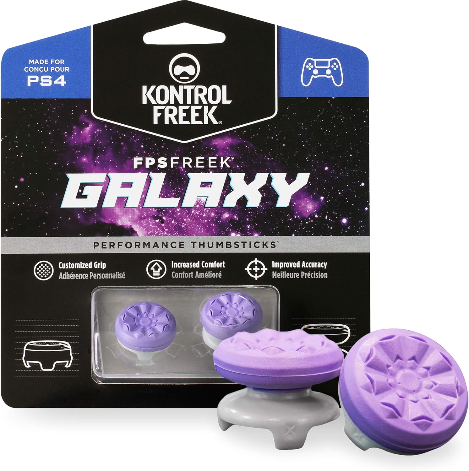 Packaging of KontrolFreek FPS Freek Galaxy Purple performance thumbsticks for PlayStation 4 and PlayStation 5, with one high-rise and one mid-rise thumbstick visible through a clear plastic window.