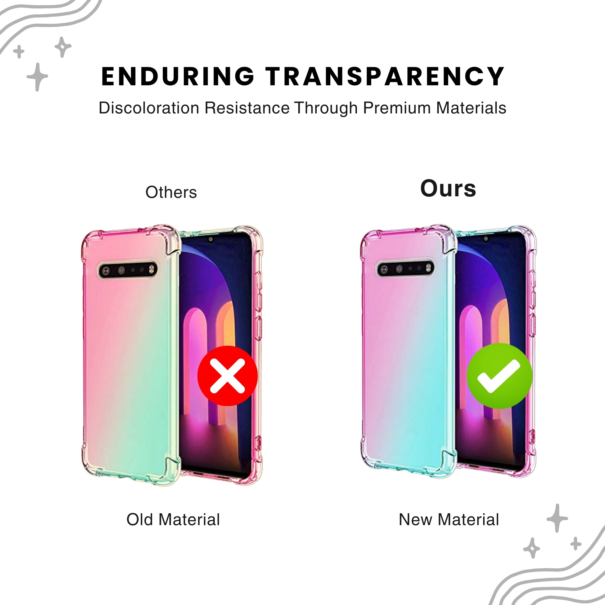A clear protective case for LG smartphones, showing the phone's screen and camera without covering them, with a visible logo on the back and enduring transparency.