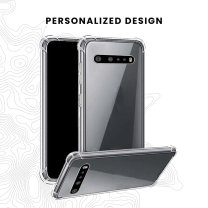 A clear protective case for LG smartphones, showing the phone's screen and camera without covering them, with a visible logo on the back.