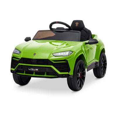 A green Lamborghini Urus 12V electric ride-on SUV for children with black wheels and interior.
