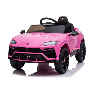 A pink Lamborghini Urus 12V electric ride-on SUV for children with black wheels and interior.