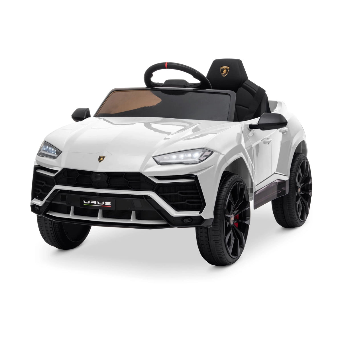 A white Lamborghini Urus 12V electric ride-on SUV for children with black wheels and interior.
