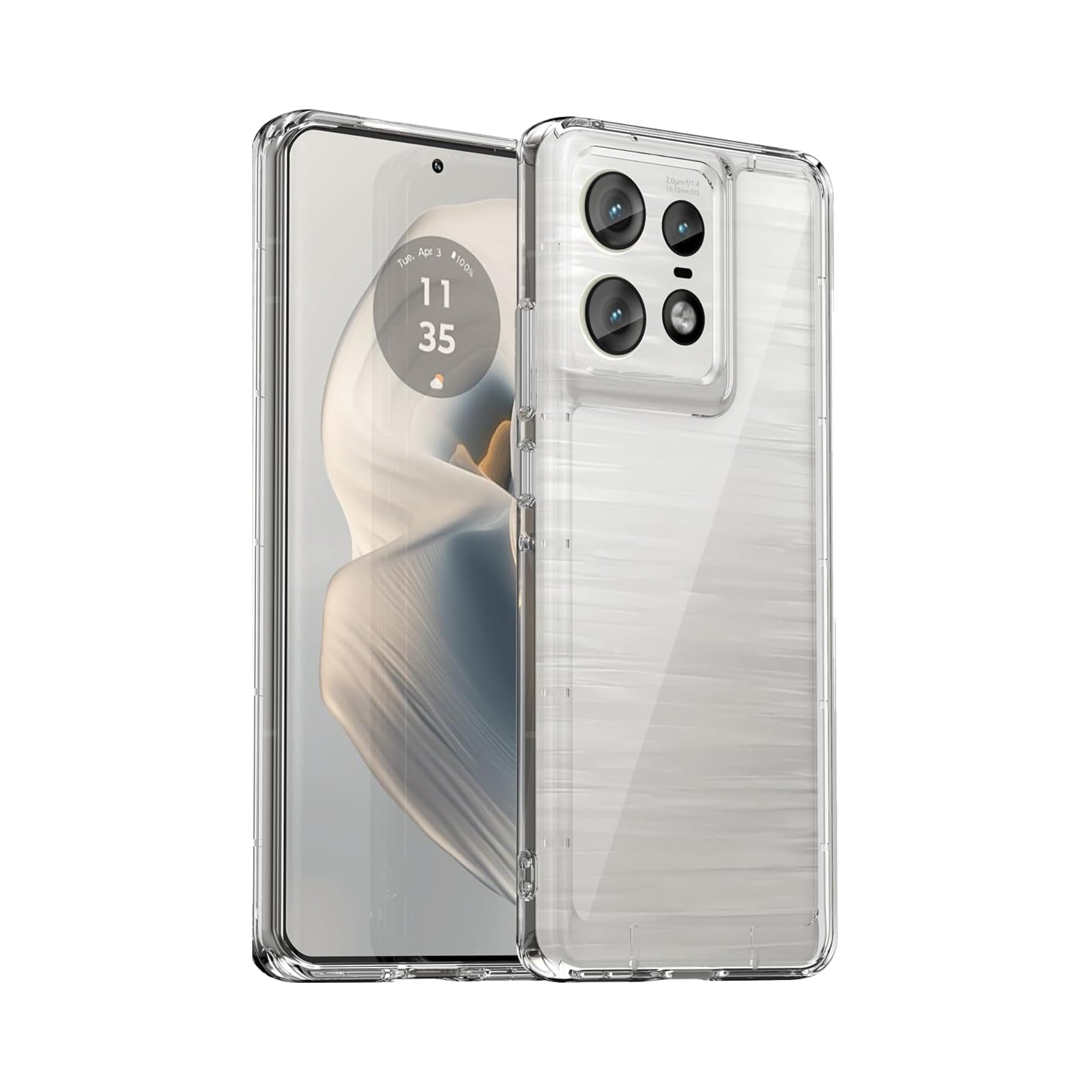 A clear plastic back cover case for a Motorola smartphone, showcasing the camera and cutouts for ports and buttons.