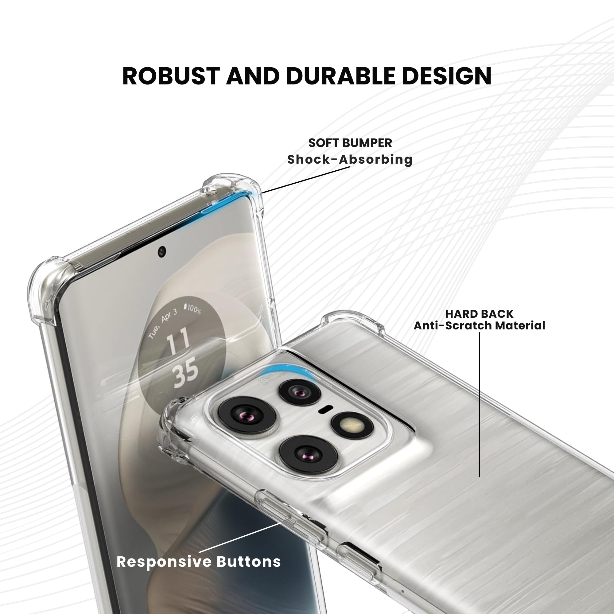 A clear plastic back cover case for a Motorola smartphone, showcasing the camera cutouts for buttons and soft bumper edges.