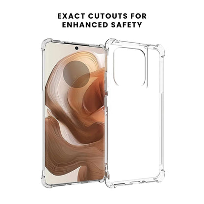 A clear plastic back cover case for a Motorola smartphone, showcasing the front and back camera and cutouts for ports and buttons.