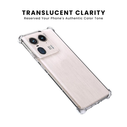 A clear plastic back cover case for a Motorola smartphone, showcasing the camera and cutouts for ports and buttons.