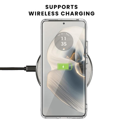 A clear plastic back cover case for a Motorola smartphone, showcasing it supports wireless charging.
