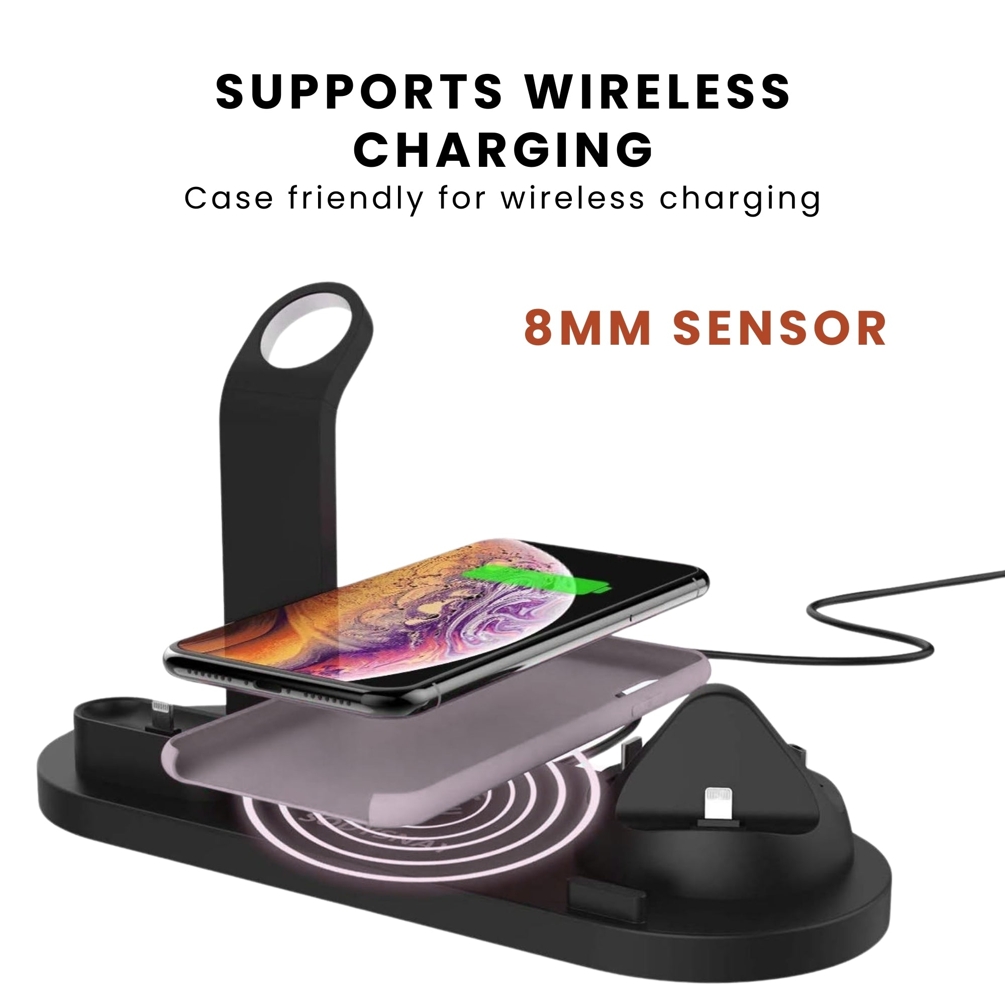 Four-In-One Multi Function Charging Stand supporting wireless charging.