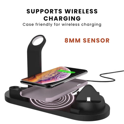 Four-In-One Multi Function Charging Stand supporting wireless charging.