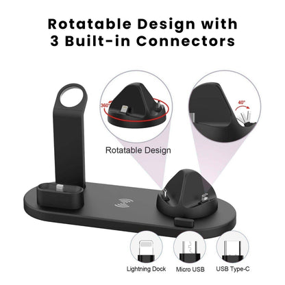 Four-In-One Multi Function Charging Stand, rotatable design with 3 built in connectors.