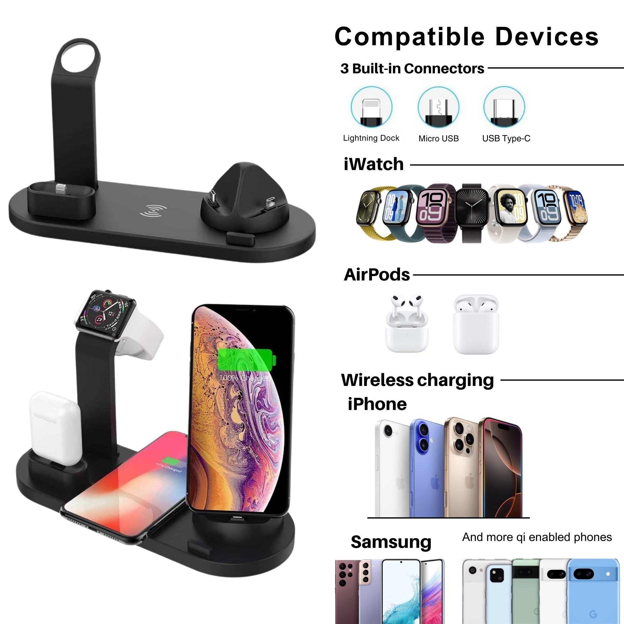 Four-In-One Multi Function Charging Stand with compatible devices list.
