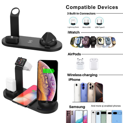 Four-In-One Multi Function Charging Stand with compatible devices list.
