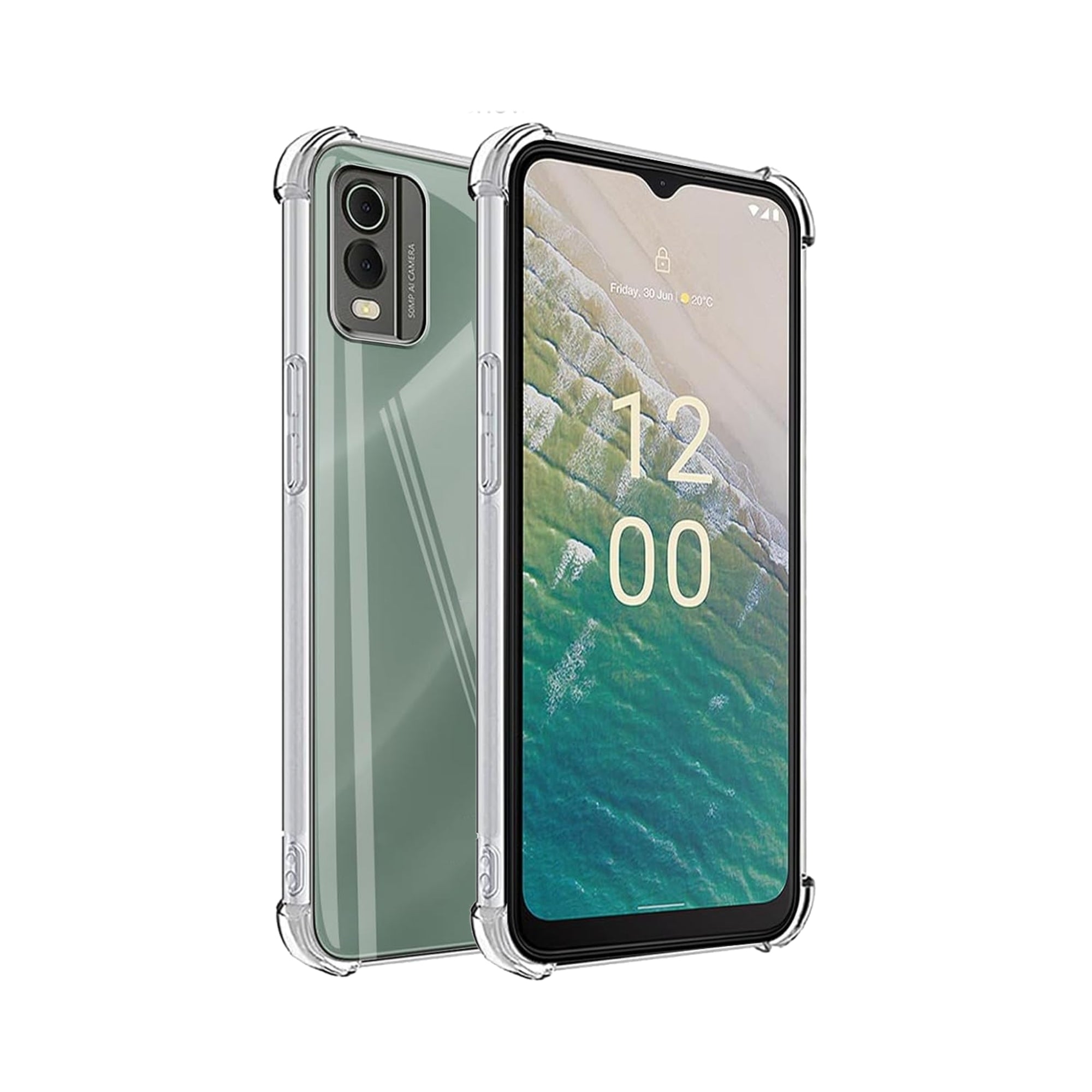 A clear TPU phone case with a hard PC back, designed to protect the phone while maintaining visibility of the screen and ports.