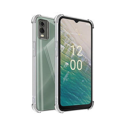 A clear TPU phone case with a hard PC back, designed to protect the phone while maintaining visibility of the screen and ports.