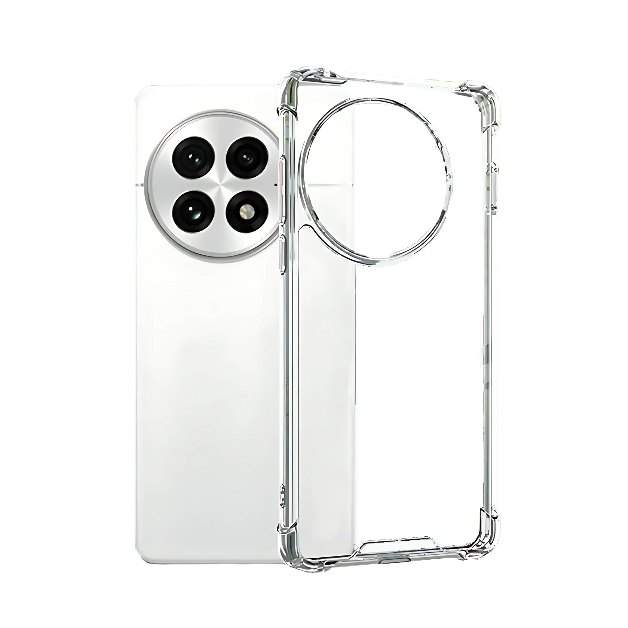 A clear plastic back cover case for all OnePlus smartphones with a camera cutout on the top left.