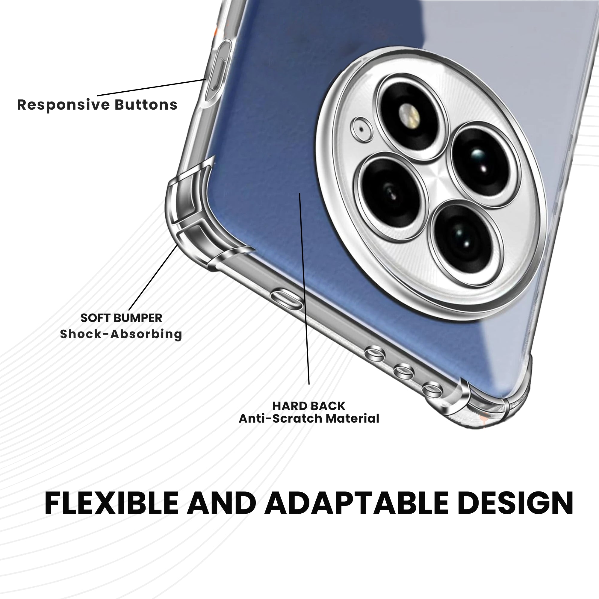 A clear, flexible and adaptable plastic back cover case for all OnePlus smartphones with a camera cutout on the top left.