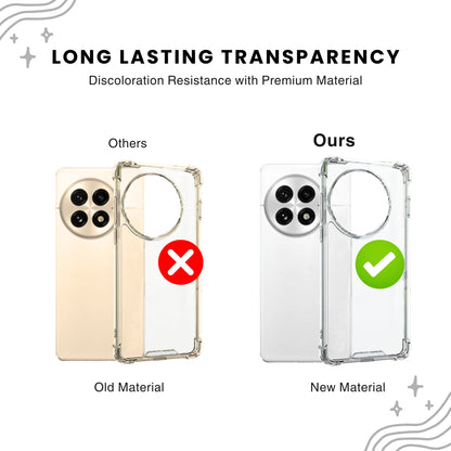 A clear, flexible and adaptable plastic back cover case for all OnePlus smartphones with a camera cutout on the top left showing raised shock-proof edges.