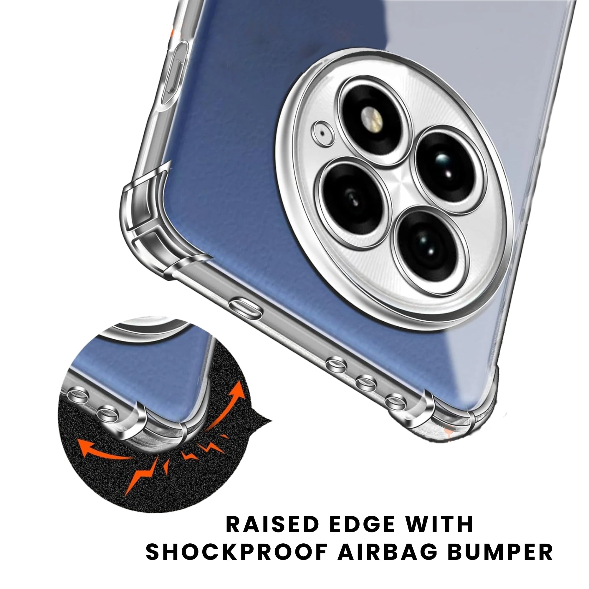 A clear, flexible and adaptable plastic back cover case for all OnePlus smartphones with a camera cutout on the top left showing raised shock-proof edges.