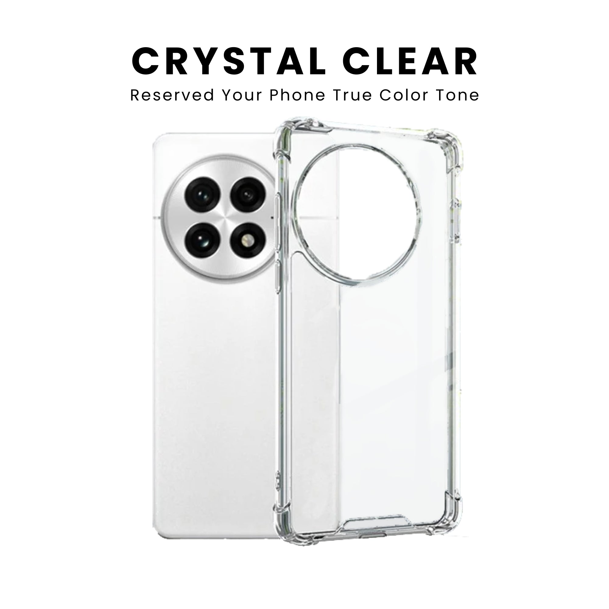A crystal clear, flexible and adaptable plastic back cover case for all OnePlus smartphones with a camera cutout on the top left showing raised shock-proof edges.