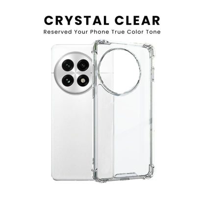 A crystal clear, flexible and adaptable plastic back cover case for all OnePlus smartphones with a camera cutout on the top left showing raised shock-proof edges.