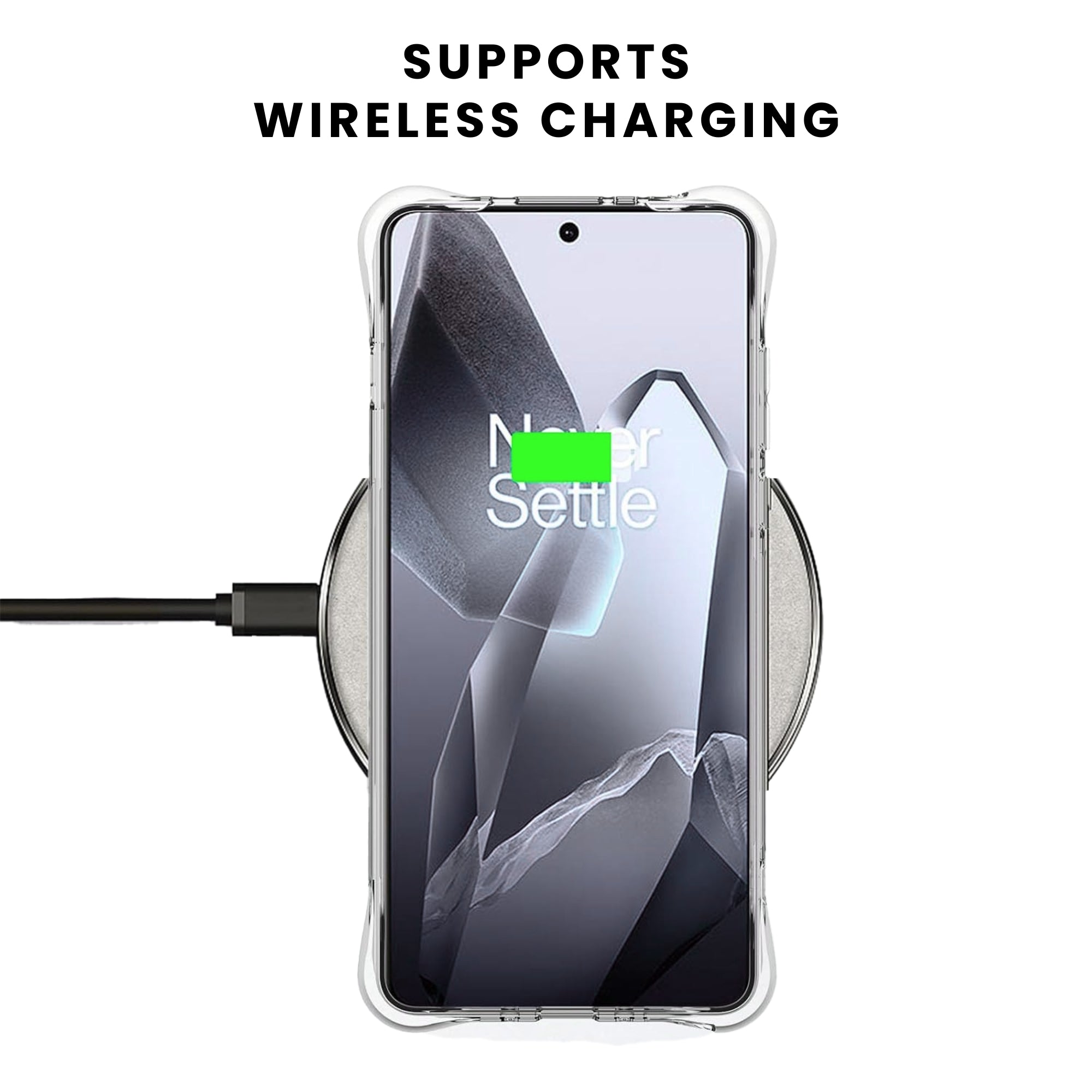 A clear, flexible and adaptable plastic back cover case for all OnePlus smartphones with a camera cutout on the top left showing raised shock-proof edges.