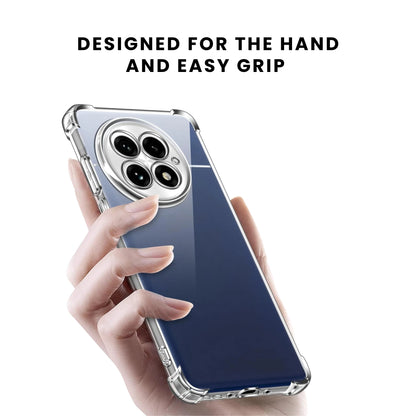 A clear, flexible and adaptable plastic back cover case for all OnePlus smartphones with a camera cutout on the top left showing raised shock-proof edges.