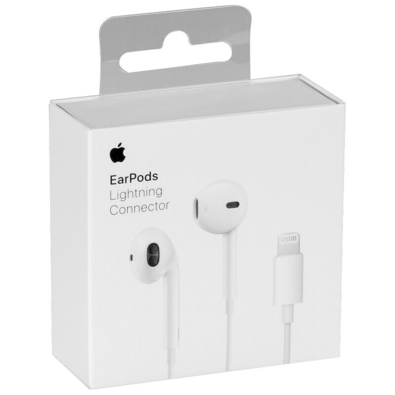 Apple Original wired headphones with Lightning connector in white color, packaged in an Apple branded box.