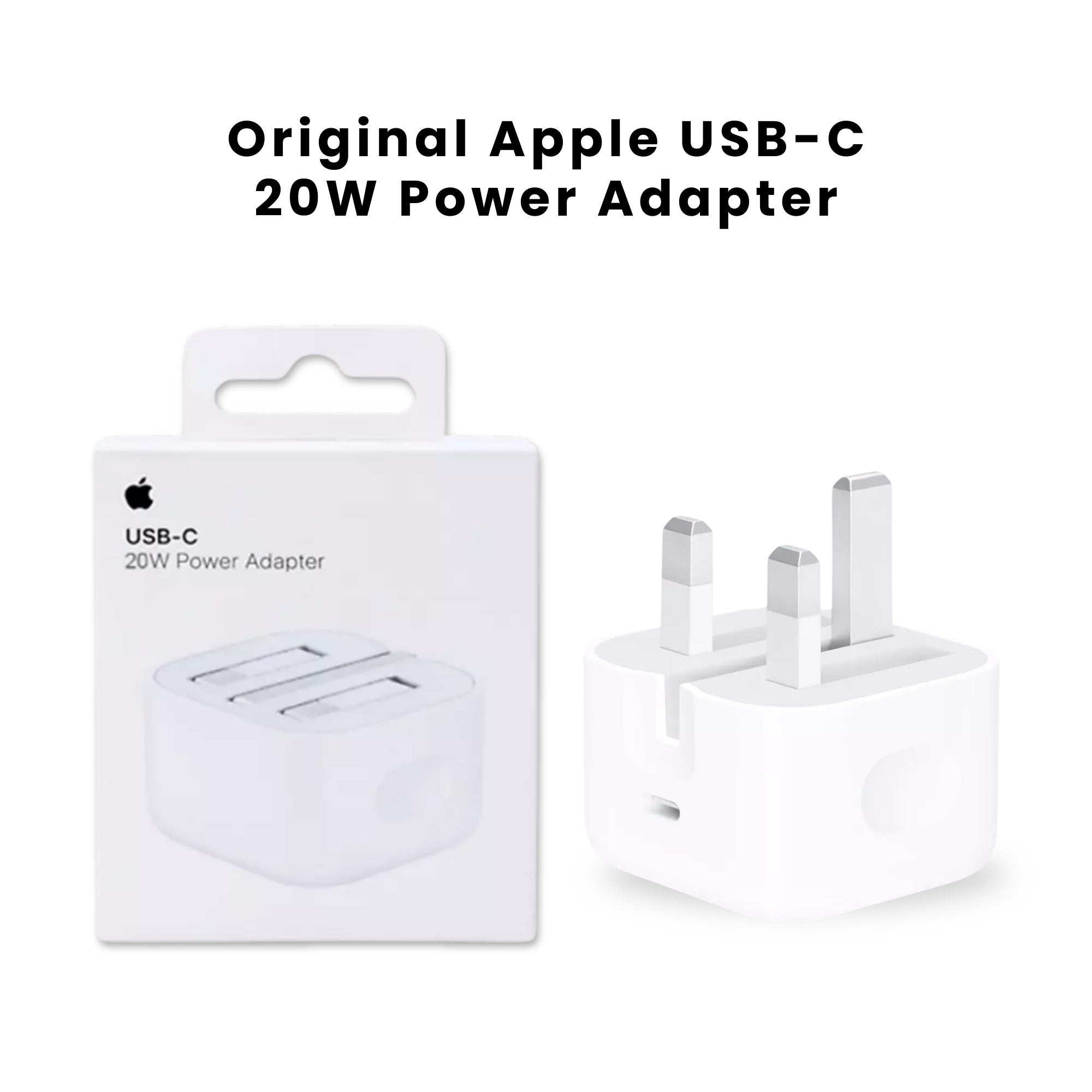 A Original 20W Apple Type C Plug, showing a white charger with UK compatible plugs.