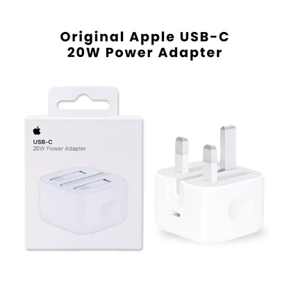 A Original 20W Apple Type C Plug, showing a white charger with UK compatible plugs.