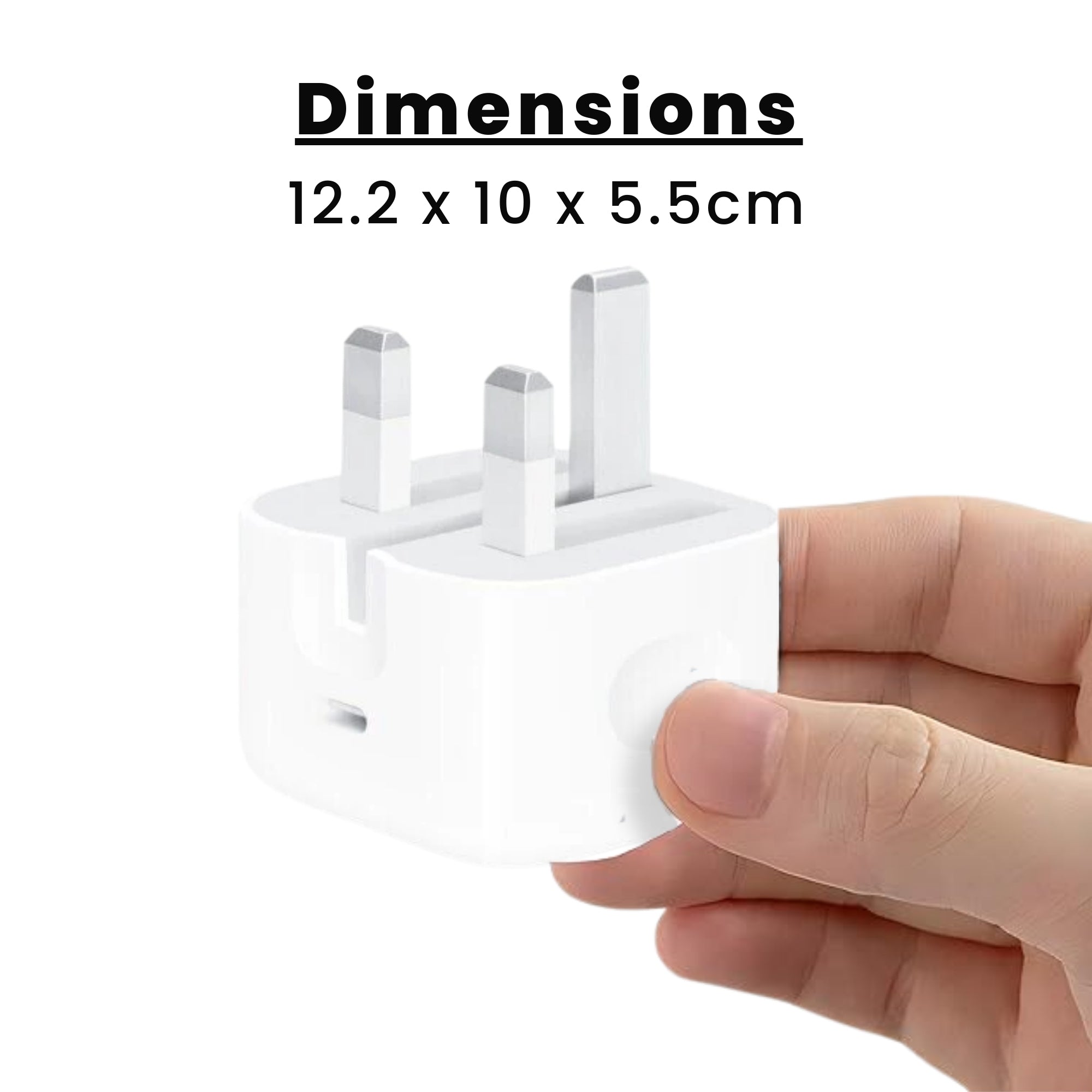 A Original 20W Apple Type C Plug, showing a white charger with UK compatible plugs with all its dimensions mentioned.
