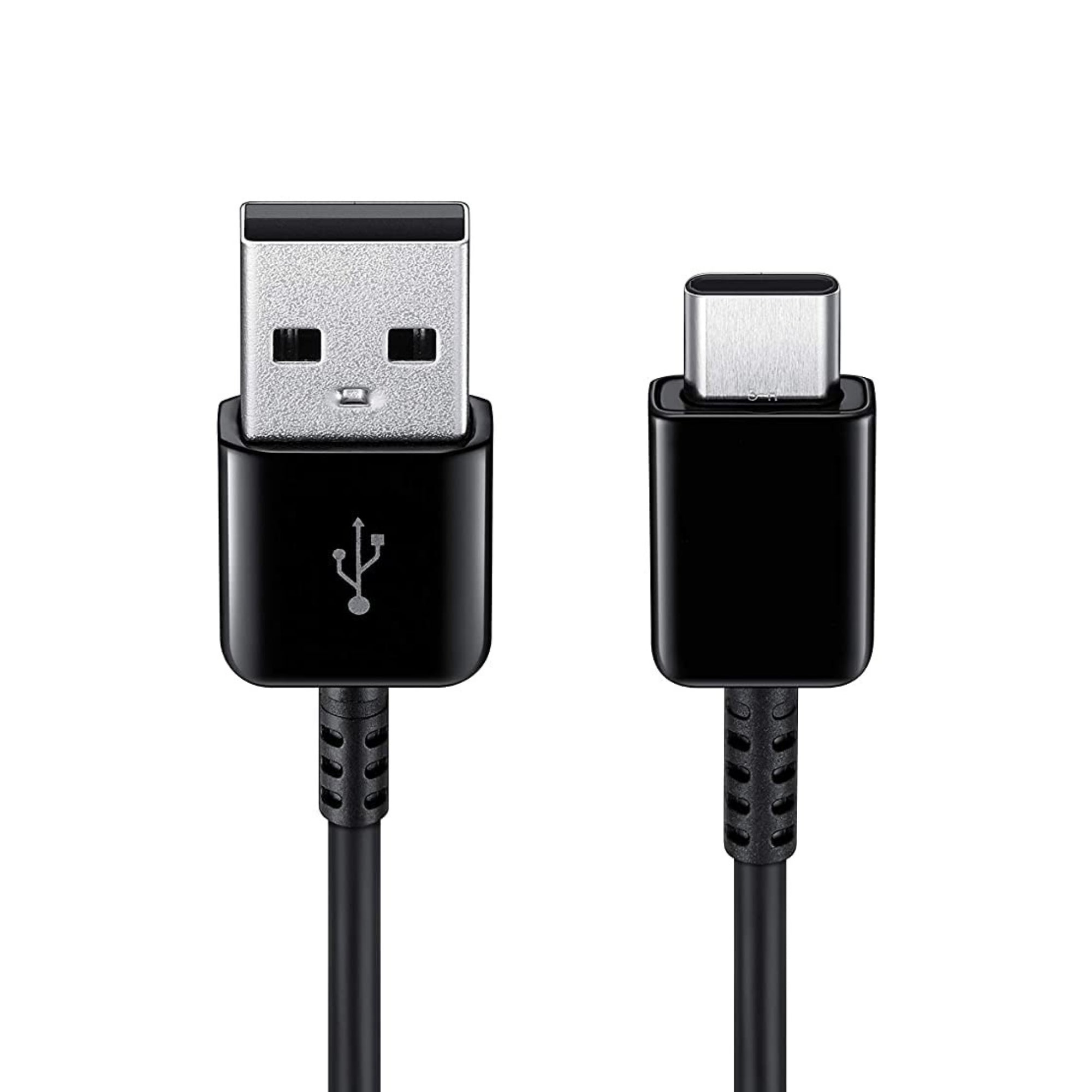 A black Samsung USB to Type C cable, showing the connectors on both ends.