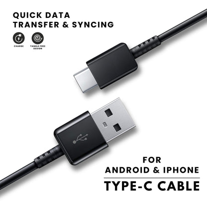 A black Samsung USB to Type C cable, showing the connectors on both ends with quick data transfer and syncing.