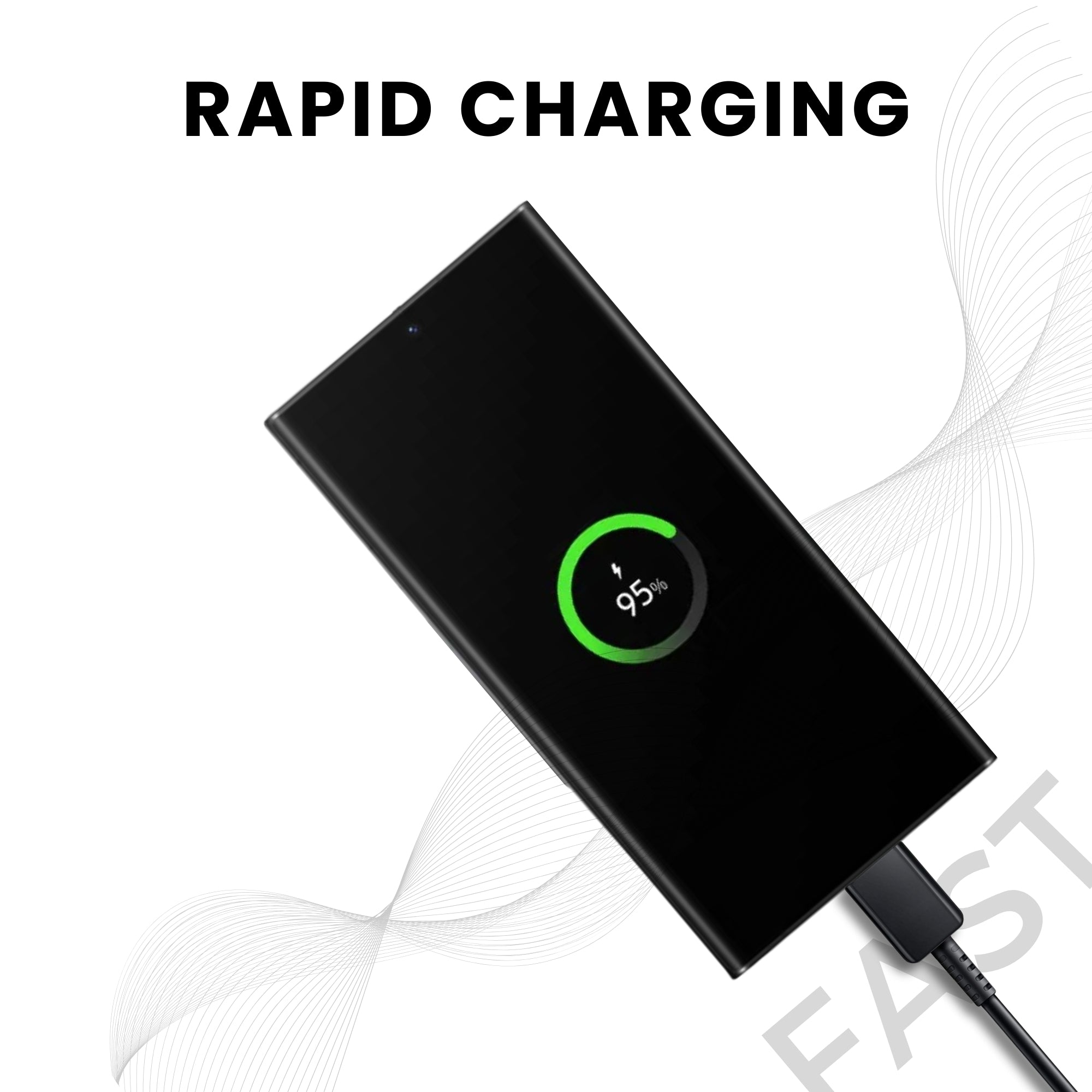 A black Samsung USB to Type C cable, showing the device is connected with rapid charging.