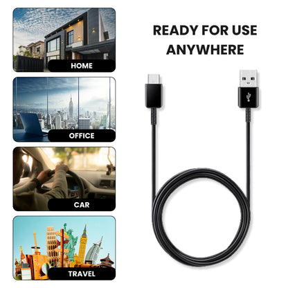 A black Samsung USB to Type C cable, showing the connectors on both ends and also showing its ready for use anywhere.