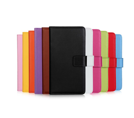 A collection of Huawei PU leather wallet cases in various colors, featuring a slim textured design with a front flap and interior credit card slot.
