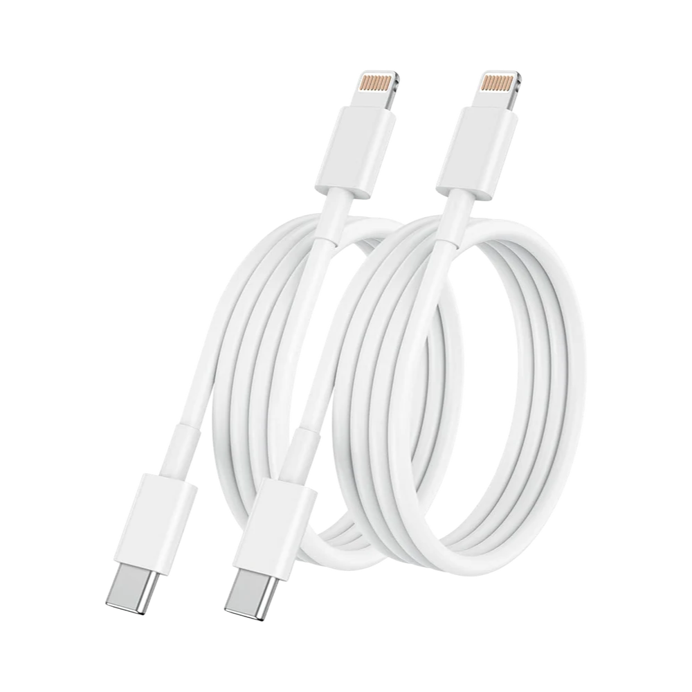 Pack of 2 white Type-C to Lightning cables against a white background with graphic elements indicating UK compatibility, free shipping, and a 24-hour service.