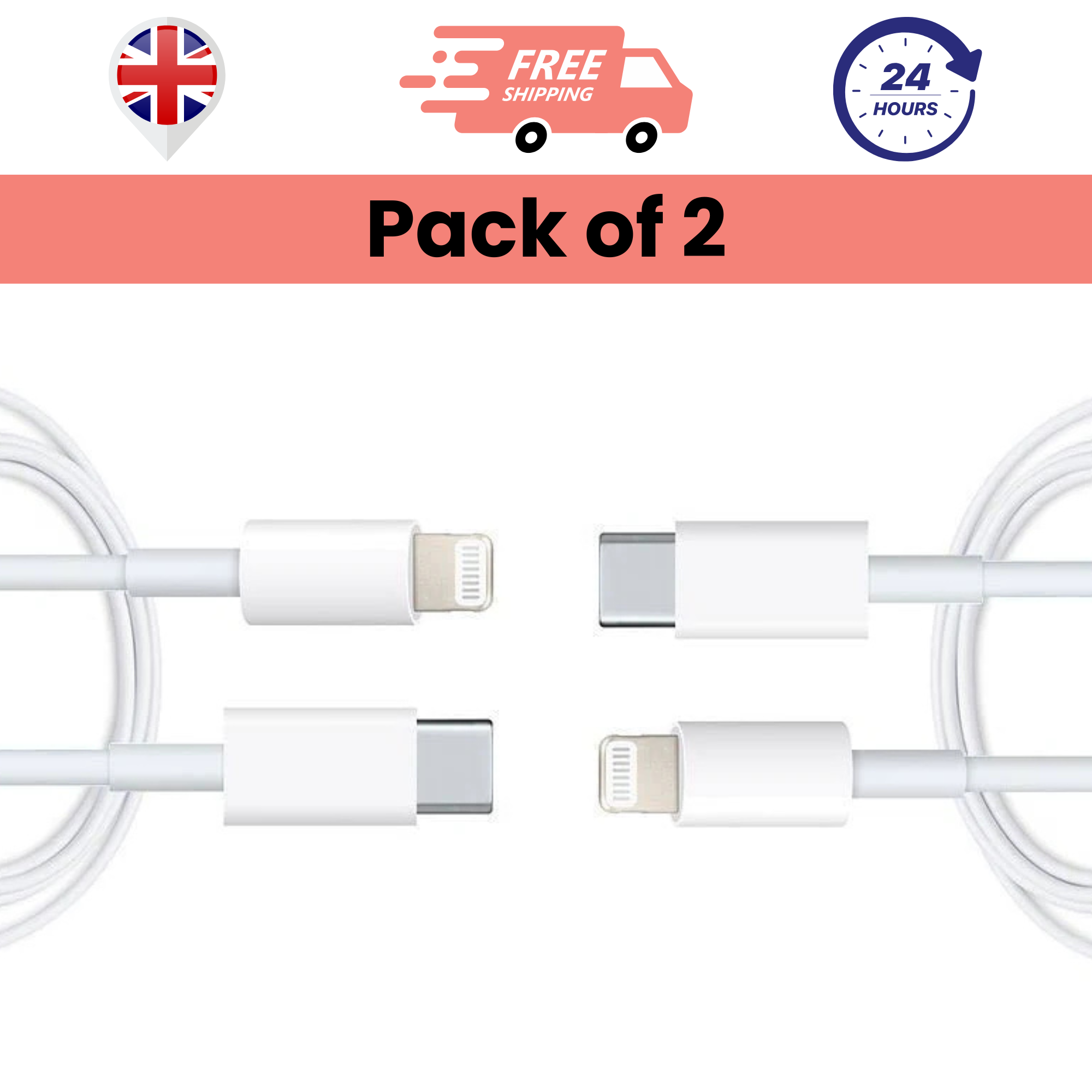 Pack of 2 white Type-C to Lightning cables against a white background with graphic elements indicating UK compatibility, free shipping, and a 24-hour service.