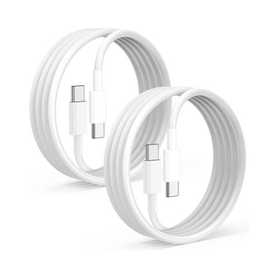 Pack of 2 white Type-C to Type-C cables against a white background with icons indicating free shipping and a 24-hour service.