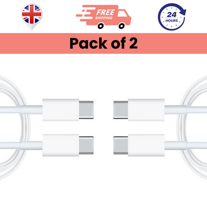 Pack of 2 white Type-C to Type-C cables against a white background with icons indicating free shipping and a 24-hour service.