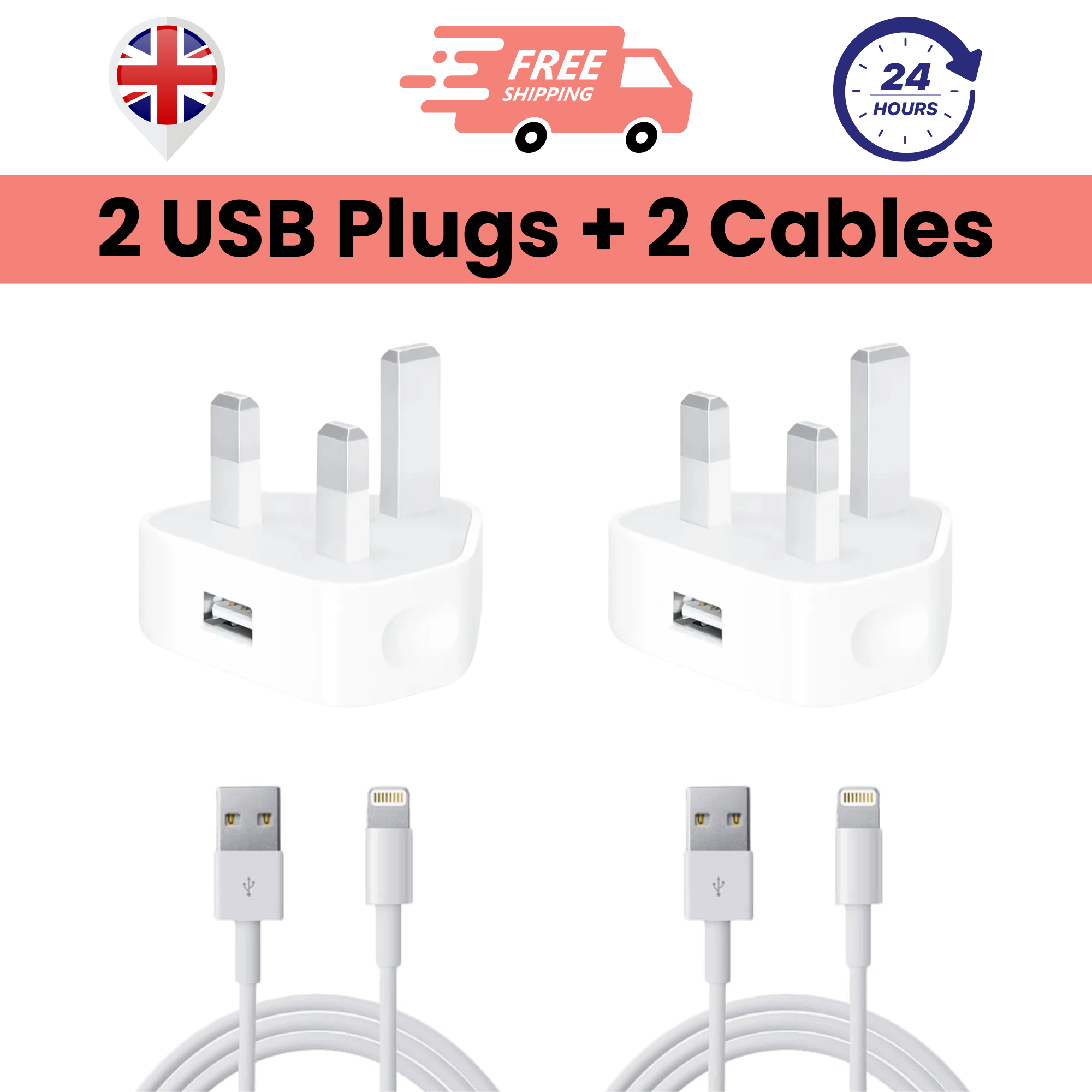 The image shows a pack of 2 USB plug chargers and 2 USB to Lightning cables, all in white color.