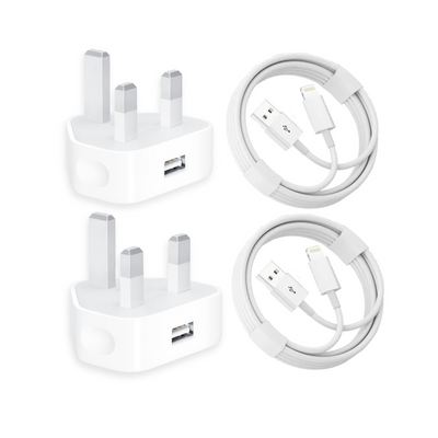 The image shows a pack of 2 USB plug chargers and 2 USB to Lightning cables, all in white color.