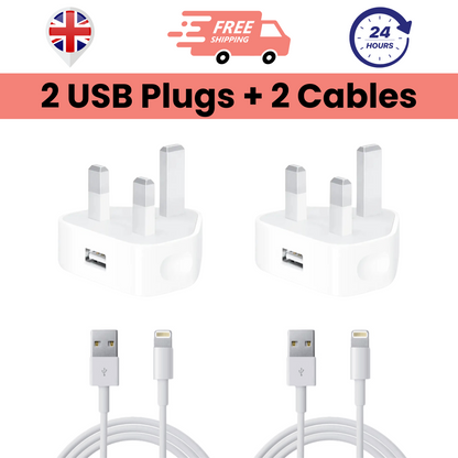 The image shows a pack of 2 USB plug chargers and 2 USB to Lightning cables, all in white color.