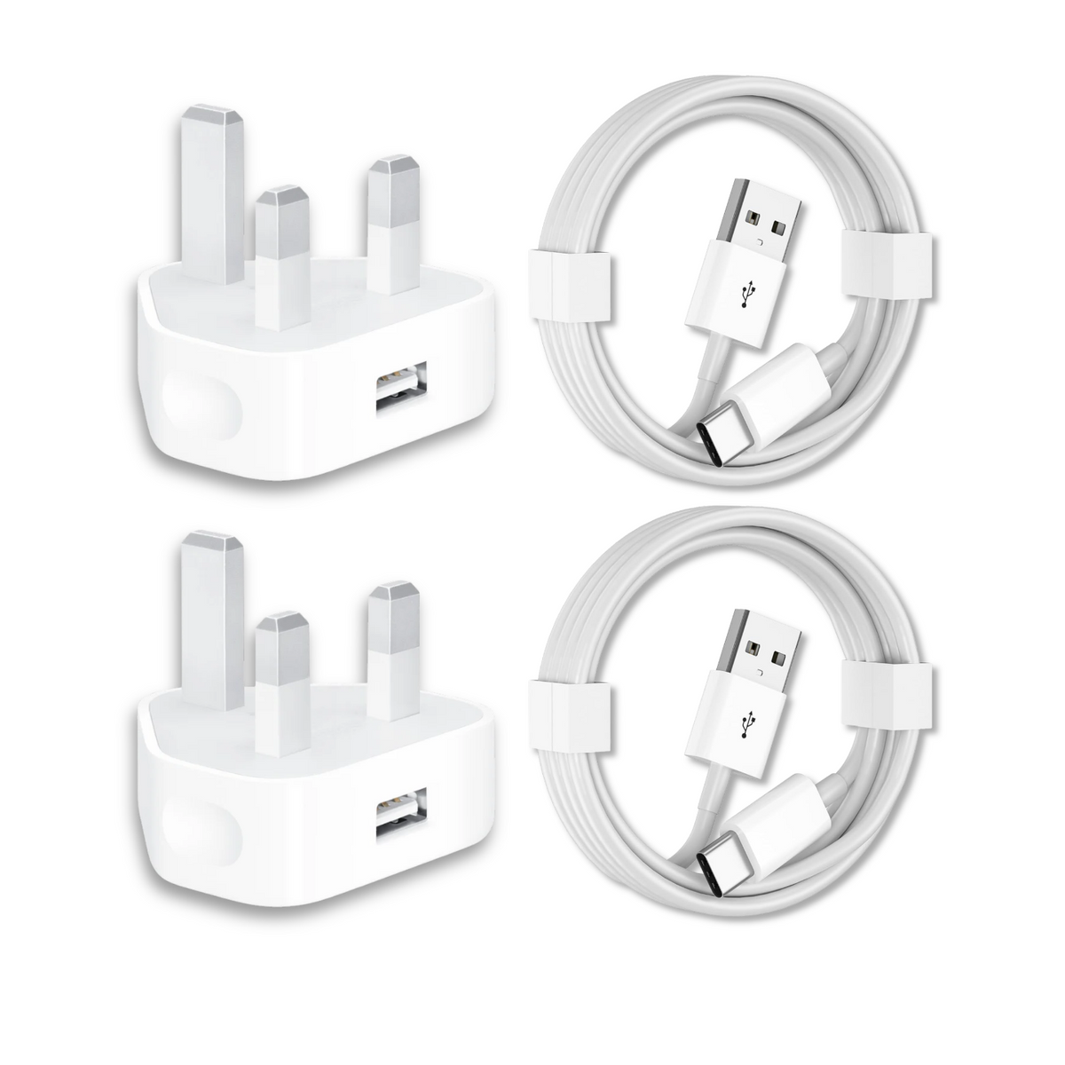 The image shows a pack of 2 white USB plug chargers and 2 USB to Type-C cables against a white background. The chargers have UK plug pins.