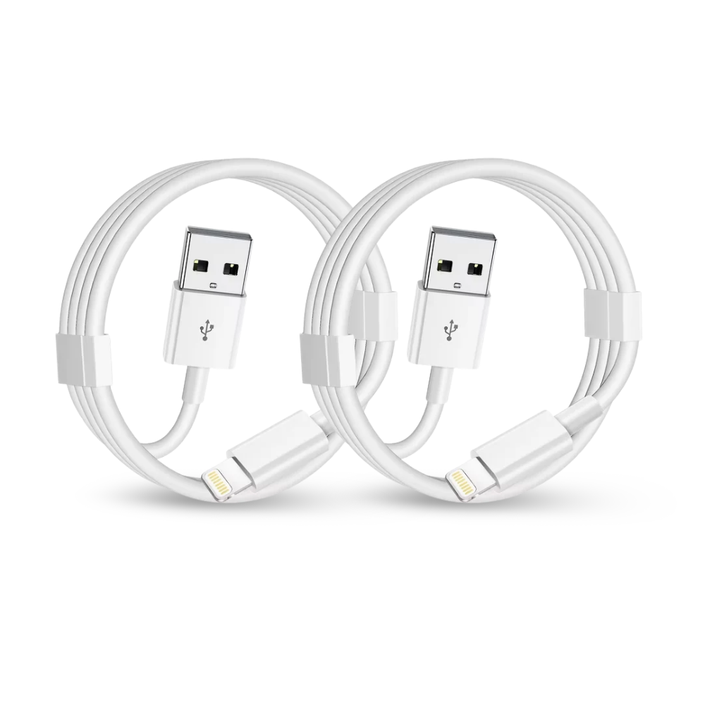 Pack of 2 white USB to Lightning cables, with one cable connected to a USB port and the other showing a Lightning connector.