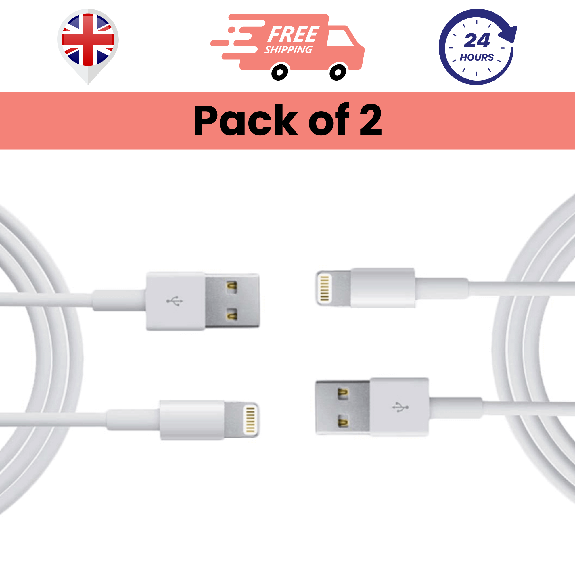 Pack of 2 white USB to Lightning cables, with one cable connected to a USB port and the other showing a Lightning connector.
