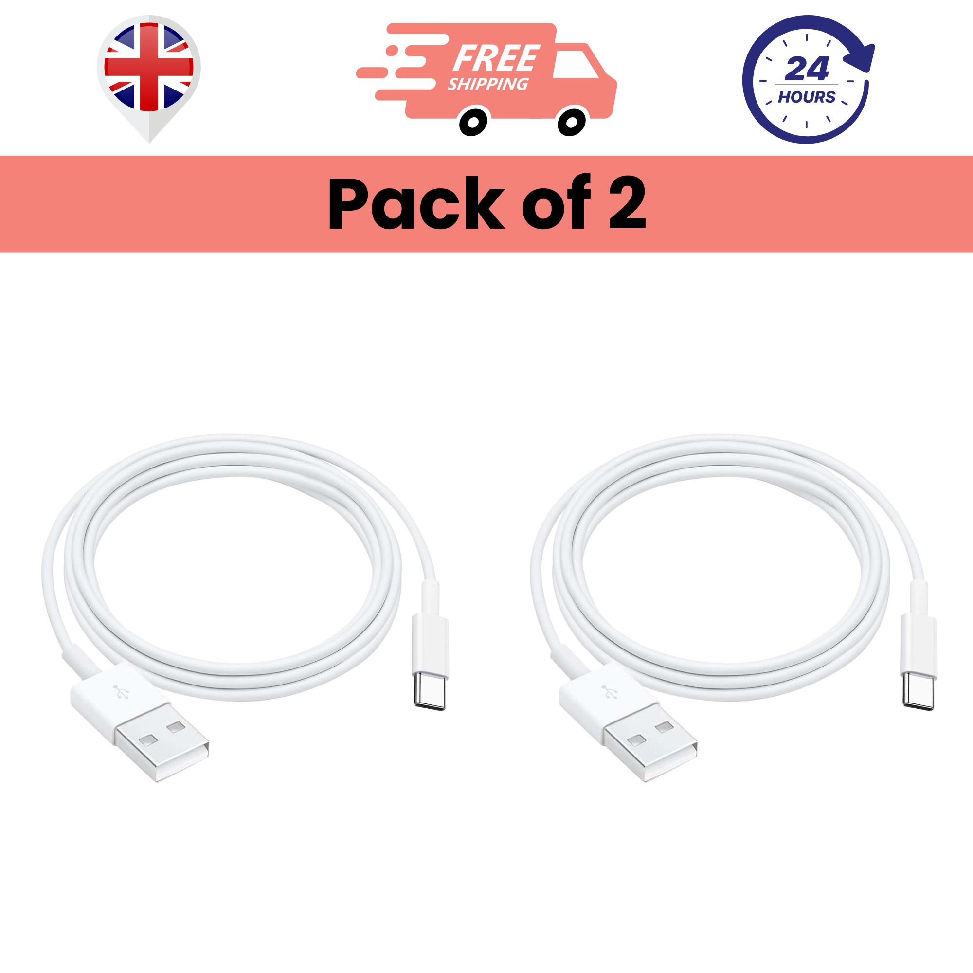 Pack of 2 white USB to Type-C cables against a white background with graphical icons indicating free shipping and a 24-hour service.