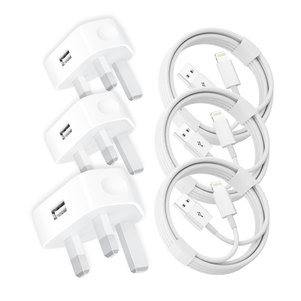 Three white USB plug chargers with three USB to Lightning cables, displayed against a white background.