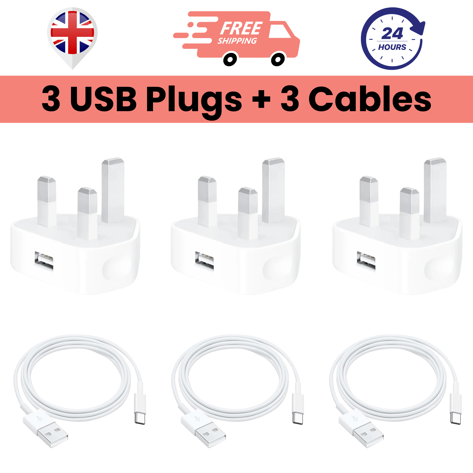 A set of three white USB plug chargers and three white USB to Type-C cables against a white background.