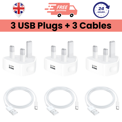 A set of three white USB plug chargers and three white USB to Type-C cables against a white background.