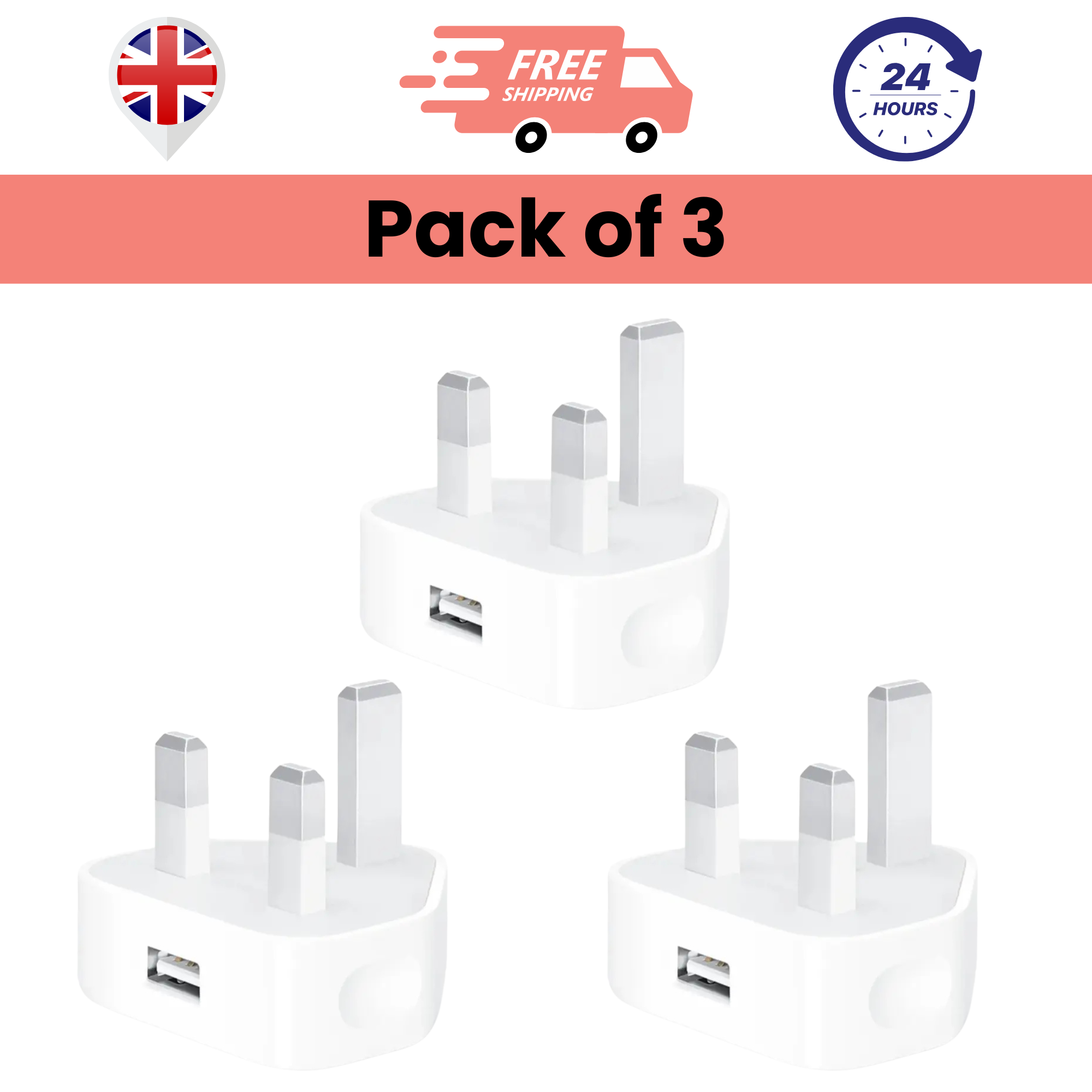 A pack of three white USB plugs with 3 pin mains.